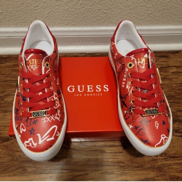 GUESS GAIA Graffiti Red Sneakers GFGAIA6 Womens Lace Up Low-Top - Picture 7 of 16
